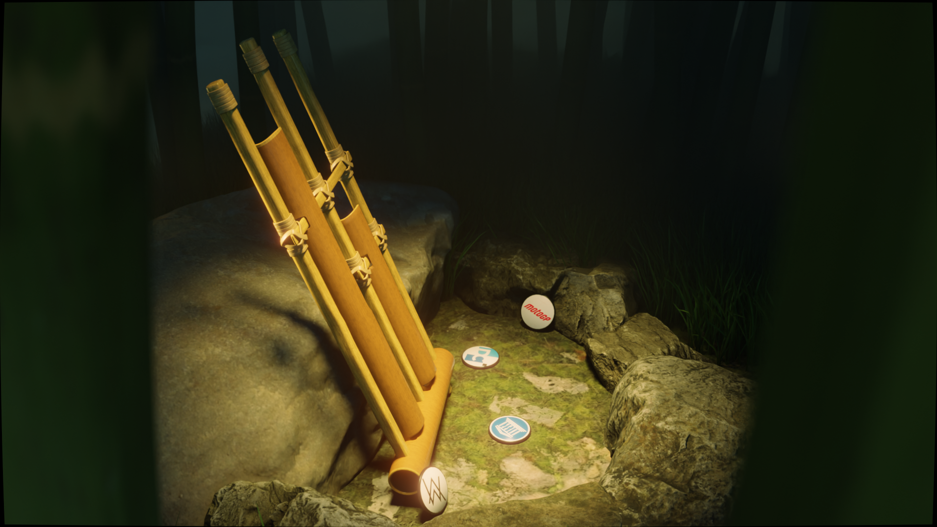 Angklung instruments displayed against natural stone at dusk